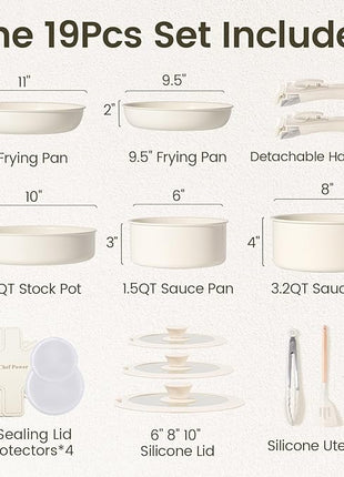 Chef Power Ceramic Cookware Set Non Toxic with Detachable Handles, Healthy Nonstick Pans and Pots Set 19 Pcs, Induction Dishwasher Oven Safe Kitchen Set, PFAS PFOA & PTFE Free, Cream White