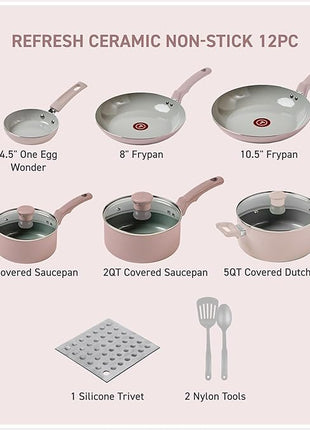 T-Fal Refresh Ceramic Nonstick Cookware Set, 12-Piece Ceramic Pots and Pans Set, Oven Safe to 350°F, Includes Stockpot, Griddle, Frying Pans, & Utensils, Dusty Rose
