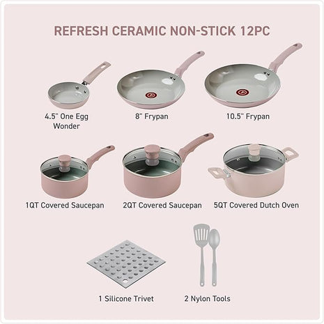 T-Fal Refresh Ceramic Nonstick Cookware Set, 12-Piece Ceramic Pots and Pans Set, Oven Safe to 350°F, Includes Stockpot, Griddle, Frying Pans, & Utensils, Dusty Rose