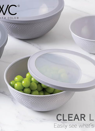 COOK WITH COLOR Mixing Bowls with Lids - 12 Piece Plastic Nesting Bowls Set includes 6 Prep Bowls and 6 Lids, Rhombus Design - Microwave Safe (Grey)