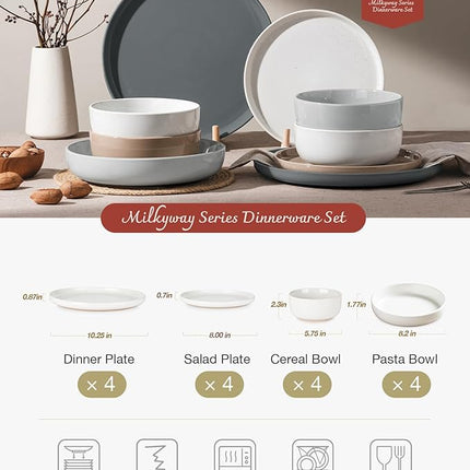 Famiware Milkyway Stoneware Dinnerware Sets with Pasta Bowls, Service for 4 (16 Pieces), Plates and Bowls Sets -Scratch Resistant, Microwave and Dishwasher Safe Dishes Set, Multi-color