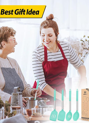 Pack of 4 Silicone Cooking Utensils Set, Non Stick Large Solid Spatulas, Heat Resistant Blue Slotted Spoons, Ideal BPA Free Kitchen Turners for Frying, Mixing,Serving,Draining,Turning,Stirring