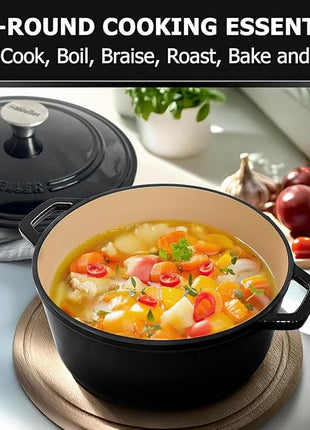 MUELLER HOME 7.5 QT Enameled Cast Iron Dutch Oven, Heavy-Duty, Oven-Safe up to 500° F & Across All Cooktops, Casserole Dish and Braiser Pan with Lid and Stainless Knob, Black