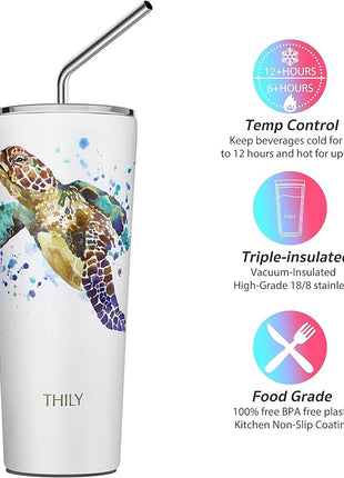 THILY Stainless Steel Vacuum Insulated Tumbler Travel Mug 26 oz Coffee Cup with 2 Lids and Straws, Splash Proof, Keep Ice Drinks Cold, Sea Turtle