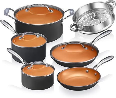 GOTHAM STEEL 15 Pc Ceramic Cookware Set, Ceramic Pots and Pans Set Non Stick with Cooking Utensils and Steamer, Non Toxic PFOA PFOS Free, Premium Stay Cool Handles, Oven & Dishwasher Safe