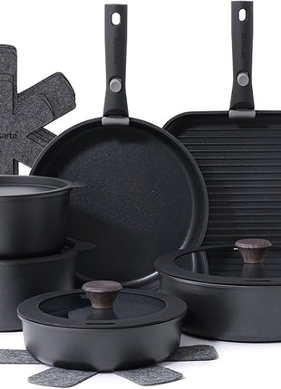 SENSARTE 17 Piece Pots and Pans Set, Nonstick Detachable Handle Cookware Set, Induction Kitchen Cookware Set with Removable Handle, Healthy Non Stick for RV, Dishwasher ＆ Oven Safe, PFOA Free (Black)