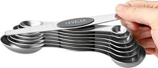 Spring Chef Stainless Steel Magnetic Measuring Spoons Set of 8 with Leveler, Dual Sided Metal Teaspoon & Tablespoon Measuring Spoons - Kitchen Gadgets For Baking and Cooking, Gray