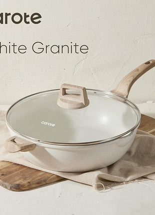 CAROTE 12.5Inch Nonstick Deep Frying Pan with Lid, 6.5 Qt Jumbo Cooker Saute Pan with Pour Spout, Skillet Induction Cookware, Non Stick Cooking Pan Kitchen Pan PFOA Free, White Granite