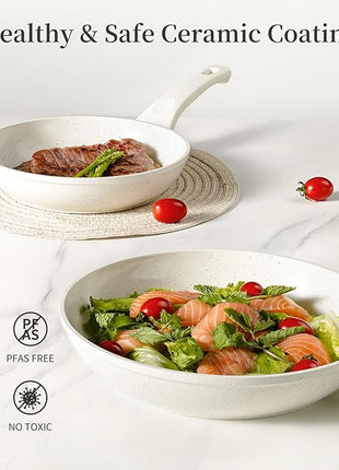 Ceramic Non Stick Frying Pan - 9.5 Inch Ceramic White Non Stick Skillet Frying Pans, Safe&No Toxic Egg Omelette Frying Pan, Nonstick Cookware Cooking Pan, Induction Compatible, PFOA&PFAS Free