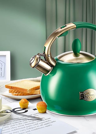 SUSTEAS Stove Top Whistling Tea Kettle - Food Grade Stainless Steel Teakettle Teapot with Cool Touch Ergonomic Handle, With 1 Silicone Pinch Mitt Included, 2.64 Quart (Green)