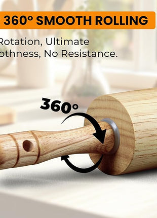 KARRYOUNG Rubber Wood Rolling Pin for Baking, Kitchen Dough Roller With Handles, Rodillo Para Masa, Rolling Pin for Dough, Pizza,Bread, Fondant & Tortilla