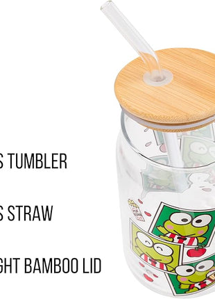 Silver Buffalo Sanrio Hello Kitty and Friends Keroppi Polaroids Glass Jar Tumbler with Bamboo Lid and Glass Straw, 16 Ounces