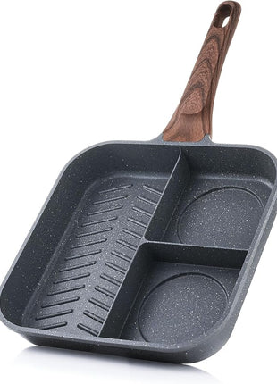 SENSARTE Nonstick Divided Grill Pan for Stove Tops, 3-Section Versatile Breakfast Grilling Pan, Durable Square Grill Skillet, Steak Griddle Pan, PFOA, PFOS, APEO Free, Induction Compatible, 9.5 Inch