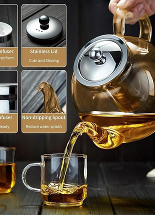 40OZ (1200ML) Glass Teapot with Infuser Stovetop Safe, Clear Glass Tea Pot Kettle, Borosilicate Tea Pot with Infusers Filter for Loose Tea, Tea Kettle Dishwasher Safe (Champagne)