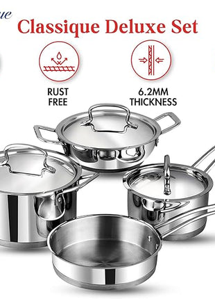 Vinod Classic Deluxe Stainless Steel Cookware Combo Set of 4 Pcs/Saucepan, Saucepot, Kadai and Frypan/Deep Kadhai for Cooking/Heavy Induction Bottom