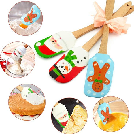 Silicone Spatula, Caliamary 3 Pieces Kitchen Silicone Spatula Set, Christmas Cake Decorating Spatula with Wooden Handle, Snowman Gingerbread Man and Santa Claus Pattern (Snowman)