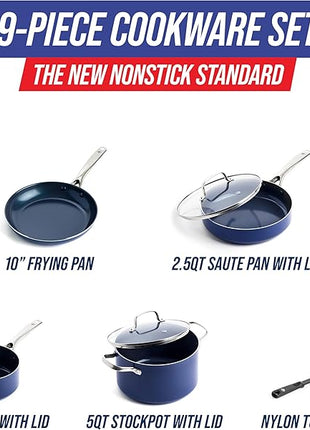 Blue Diamond 9 Piece Nonstick Cookware Set, Diamond Ceramic Pots & Pans, Dishwasher & Metal Utensil Safe, Non Toxic PFAS-Free, Kitchen Cooking Sauce & Saute Pans, Oven & Broiler to 600F, Blue