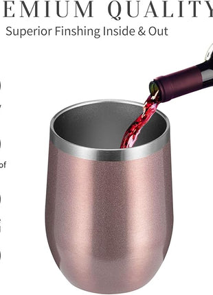 MEWAY 12oz/8 Pack Wine Tumbler Glasses with Lid - Stemless Double Wall Vacuum Stainless Steel Travel Tumbler - Keeping Cold & Hot for Wine,Coffee,Cocktails,Drinks (Rose gold,Set of 8)