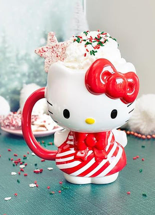Silver Buffalo Sanrio Hello Kitty Christmas Holiday Candy Cane Dress 3D Sculpted Ceramic Mug, 20 Ounces