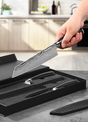 3 Piece Japanese Knife Set,Ultra Sharp Chef Knife Kitchen Cooking Knife Paring Knife German High Carbon Stainless Steel with Sheaths Wooden Handle for Home Outdoor Gift Idea