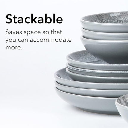 FAIT Round Stoneware 16pc Dinnerware Set for 4, Dinner Plates, Side Plates, Cereal Bowls, Mugs - Reactive Glaze Grey (448158)