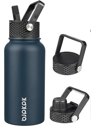 BJPKPK Insulated Water Bottles with Straw Lid, 27oz Stainless Steel Water Bottle with 3 Lids, Leak Proof BPA Free Metal Thermo, Mugs, Tumblers, Keep Cold Hot - Navy Blue