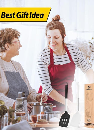 Pack of 2 Silicone Solid Turner, Non Stick Slotted Kitchen Spatulas, High Heat Resistant BPA Free Cooking Utensils, Ideal Cookware for Fish, Eggs, Pancakes(Black-White)