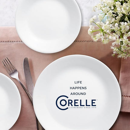 Corelle Vitrelle 18-Piece Service for 6 Dinnerware Set Triple Layer Glass and Chip Resistant, Lightweight Round Plates and Bowls Set, Winter Frost White