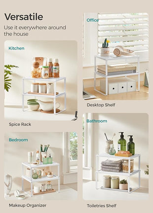 SONGMICS Spice Racks, Set of 2 Metal Cabinet Shelf Organizers, Countertop Organizers, Shelf Risers, Stackable, Expandable, White UKCS01WT