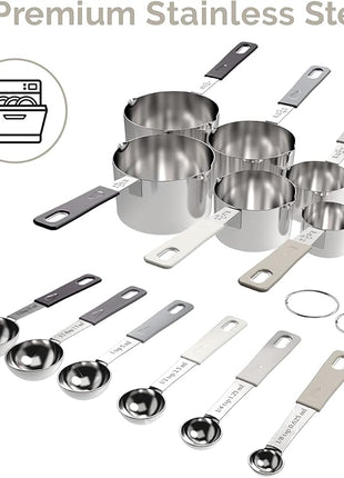 22-Piece Stainless Steel Measuring Cups and Spoons Set, Tad Dash Pinch Smidgen Drop Mini Measuring Spoons, Measuring Stick Leveler, Measurement Conversion Chart Fridge Magnet, (Charcoal)