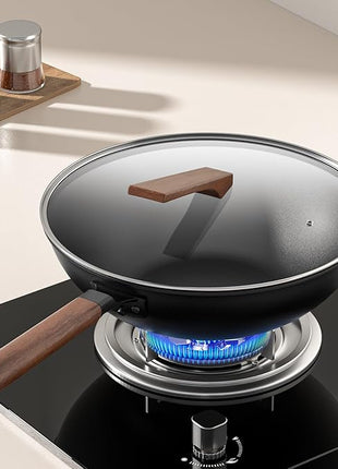 Carbon Steel Wok - Including Glass Cover and Silicone Spatula, 13-Inch Woks & Stir-Fry Pans for Induction, Electric, Gas Stoves