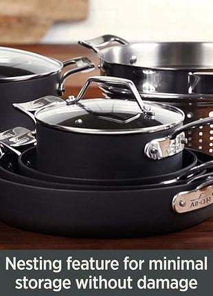 All-Clad Essentials Hard Anodized Nonstick Sauce Pan Set 4 Piece, 8, 10.25 Inch, 4 Quart Oven Broiler Safe 500F Pots and Pans, Cookware Black