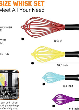 HOTEC 4 Pieces Silicone Whisks Set, Wire Balloon Whisks Egg Beater, Non-slip Handle Whisk for Non-stick Cookware Perfect for Cooking, Stirring, Beating and Blending (Multicolor)