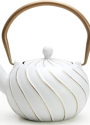 Tea Kettle, TOPTIER Japanese Cast Iron Teapot with Stainless Steel Infuser, Cast Iron Tea Kettle Stovetop Safe, Wave Design Tea Pot Coated with Enameled Interior for 30 Ounce (900 ml), White