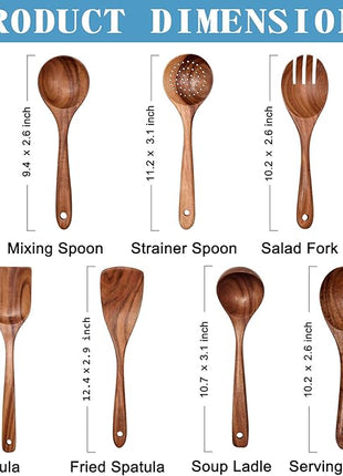 Wooden Non-Stick Kitchen Pan Toolset 7 Pieces Set,100% Natural Teak Kitchen Utensils Spatula, Wooden Cooking Utensils Spoons, Fried Spatula and Salad Fork