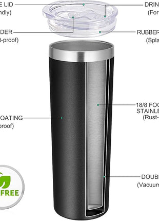 VEGOND Stainless Steel Tumblers Bulk 12 Pack, 20 oz Vacuum Insulated Skinny Tumblers with Lids and Straws, Double Wall Coffee Mug, Travel Water Cup, Black