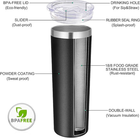 VEGOND Stainless Steel Tumblers Bulk 12 Pack, 20 oz Vacuum Insulated Skinny Tumblers with Lids and Straws, Double Wall Coffee Mug, Travel Water Cup, Black