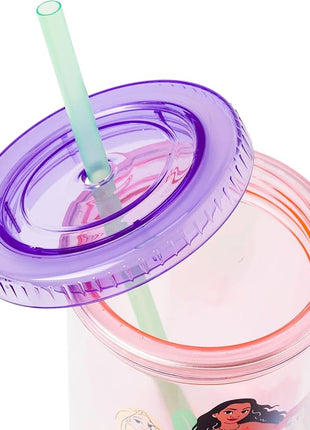 Silver Buffalo Disney Princess Featuring Moana, Rapunzel, Ariel, Tiana, Belle, and Cinderella Plastic Tall Cold Cup with Lid and Straw, 20 Ounces