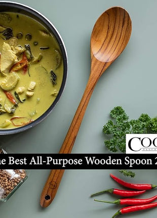 FAAY 13.5" Teak Cooking Spoon, Wooden Spoon, Mixing Spoon Handcraft from Teak | Healthy and High Moist Resistance for Non Stick Cookware
