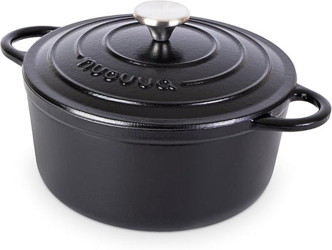 Cast Iron Pot with Lid – Non-Stick Ovenproof Enamelled Casserole Pot, Oven Safe up to 500° F – Sturdy Dutch Oven Cookware – Black, 5-Quart, 24cm – by Nuovva