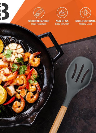 Large Silicone Cooking Spoons, 2 Pack Nonstick Solid and Slotted Wooden handle Spoon Set, Heat Resistan Silicone Kitchen Spoons for Cooking, Serving, Basting, Mixing (Grey)