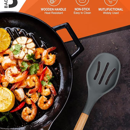 Large Silicone Cooking Spoons, 2 Pack Nonstick Solid and Slotted Wooden handle Spoon Set, Heat Resistan Silicone Kitchen Spoons for Cooking, Serving, Basting, Mixing (Grey)