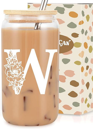 Coolife Initial Glass Cup, Monogrammed Gifts for Women, 16 oz Glass Cups w/Lids Straws, Iced Coffee Smoothie Beer Tumbler w/Straw Lid - Personalized Christmas, Birthday Gifts for Her Mom Friend Woman