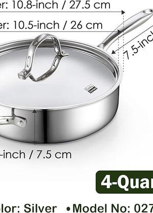 Cooks Standard 4-Quart Stainless Steel Sauté Pan with Lid, 10.5-inch Deep Frying Pan Induction Cookware, Oven Safe Large Skillet Jumbo Cooker with Stay-Cool Helper Handle