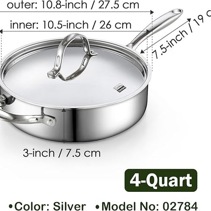 Cooks Standard 4-Quart Stainless Steel Sauté Pan with Lid, 10.5-inch Deep Frying Pan Induction Cookware, Oven Safe Large Skillet Jumbo Cooker with Stay-Cool Helper Handle