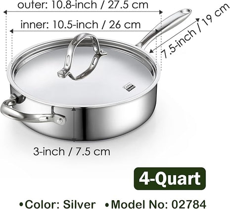 Cooks Standard 4-Quart Stainless Steel Sauté Pan with Lid, 10.5-inch Deep Frying Pan Induction Cookware, Oven Safe Large Skillet Jumbo Cooker with Stay-Cool Helper Handle