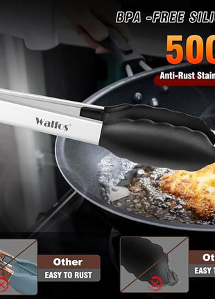 Walfos Kitchen Tongs - Heat Resistant Cooking Tongs Set of 3, Stainless Steel and BPA Free Silicone Tips, Great for Cooking, Grilling, Turning, 7" 9" and 12" (3 black silicone tongs)