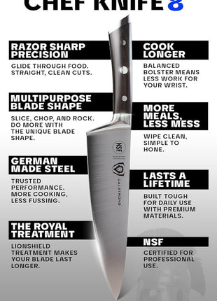 Dalstrong Chef Knife - 8 inch Blade - Gladiator Series - ABS Faux Wood Handle - Forged High Carbon German Steel - Razor Sharp Kitchen Knife - Professional Full Tang Knives - Sheath - NSF Certified