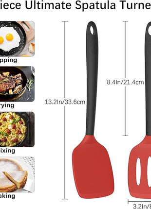 Coukre 2 Pack Silicone Spatula Set, High Heat Resistant, BPA Free Kitchen Spatula, Solid & Slotted Turner for Non-Stick Pans, Sautéing, and Flipping (2, Red)