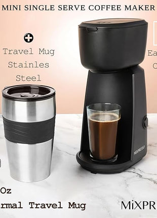 Mixpresso Personal Single Serve Coffee Maker & 14oz Travel Mug, Drip Small Coffee Maker & Tumbler, Auto Shut Off & Reusable Filter, Compatible with Coffee Grounds